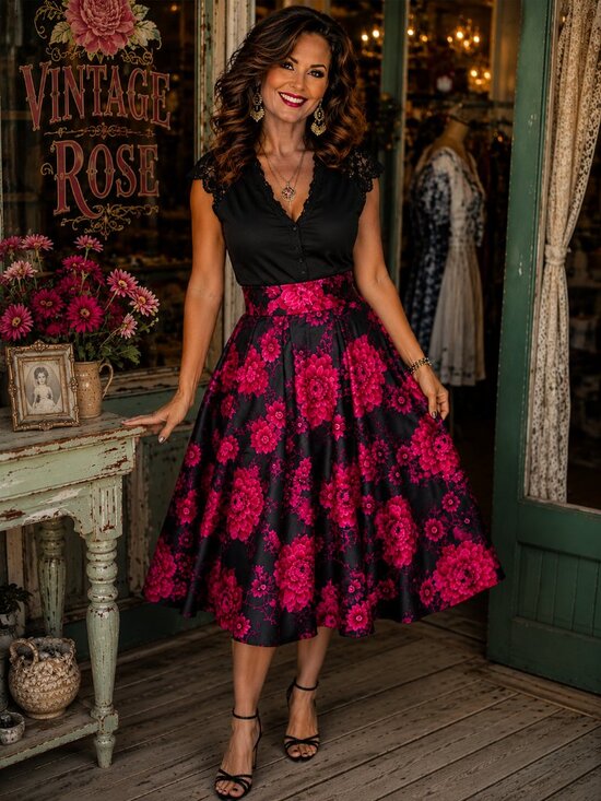 Dresses & Skirts - Talbots Women's Black Skirt with Fuchsia Floral pattern